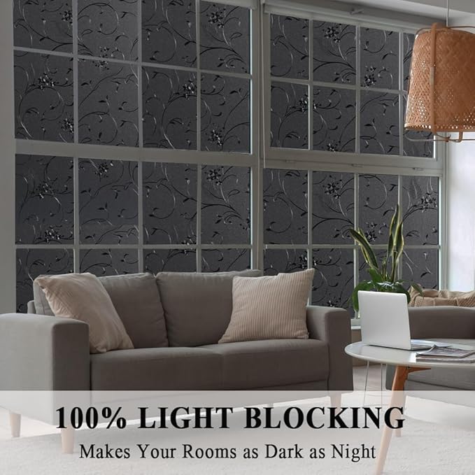 Mikomer Total Blackout Window Film,100% Light Blocking Privacy Glass Door Film Etched Flowers,Room Darkening Window Cling,No Glue/Heat Control/Anti UV for Day Sleep & High Privacy,35In. by 78.7In.