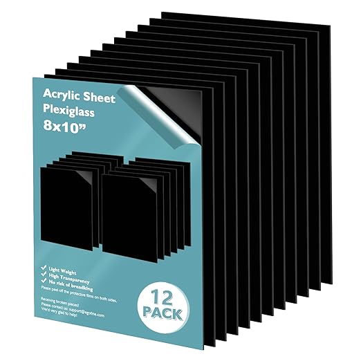 Egofine 8" x 10" Black Plexiglass Sheets 12 Pack 0.04 Inch Cast Acrylic Sheet Thick for DIY Craft Projects, Painting, Photography, Sign, Display Stand, Home Decor, Easy to Cut