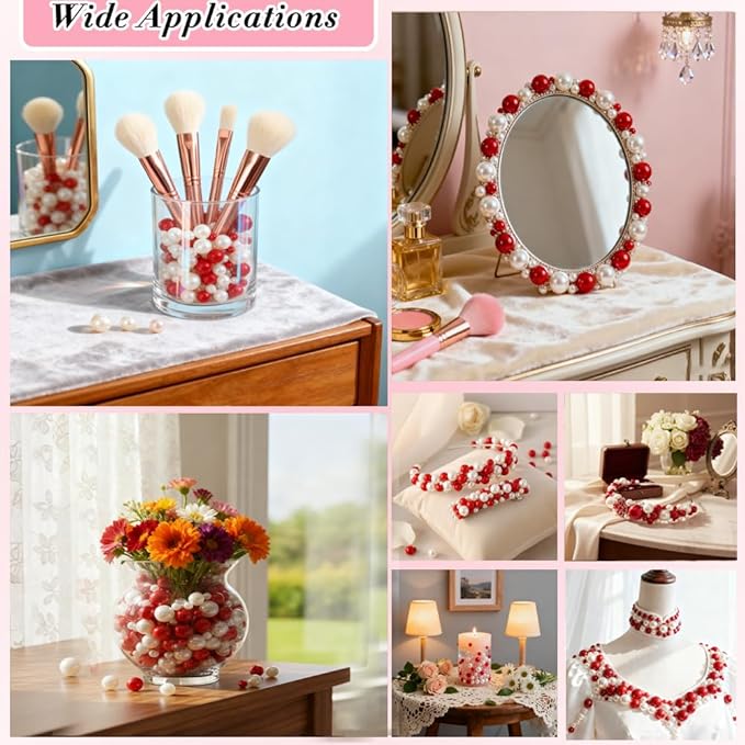Pearl Beads No Hole Pearls for Crafting 180 Pcs Fake Pearls Faux Pearls for DIY Crafts Jewelry Making Vase Filler Floating Candle Wedding Birthday Party Home Decorations (Red & Ivory, 8/10/14/20mm)