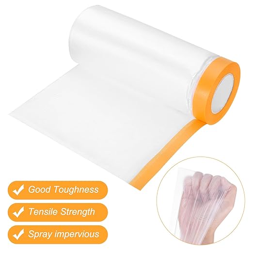 uxcell 2 Rolls Painters Plastic with Tape, 9 x 52 Ft Pre-Taped Masking Film Tape and Plastic Film Paint Plastic Covering Roll for Covering Skirting, Frames and Auto Body, Yellow/Clear