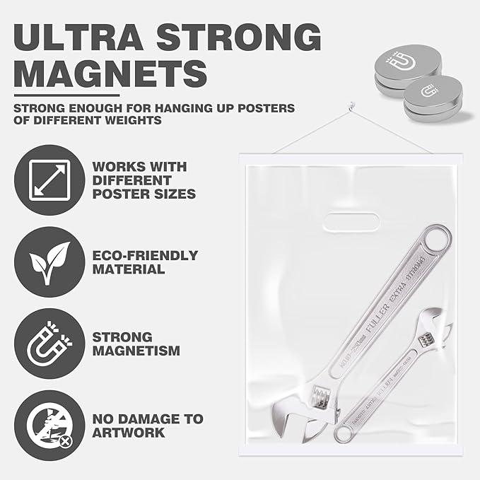Ywlake Magnetic Poster Hanger, 11x17 11x14 11x22 Poster Frame Wood Wooden Magnet Print Posters Dowel Scroll Hanger Hangers Hanging Kit for Walls Map Canvas Artwork (White, 11")