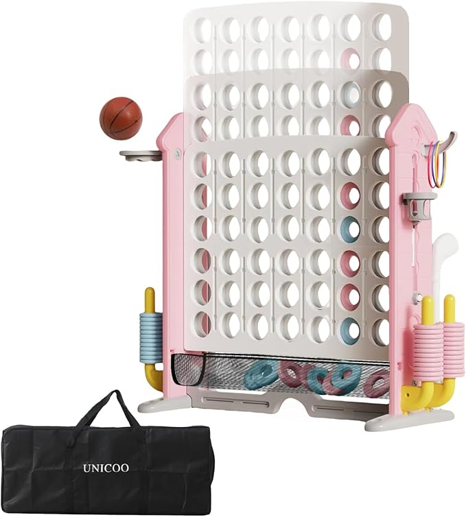 UNICOO Giant 4 in A Row Game with Carry Bag, Basketball Hoop, Ring Toss Game, 4-to-Score Game | Large Outdoor Yard Game, Parties & Gatherings Games
