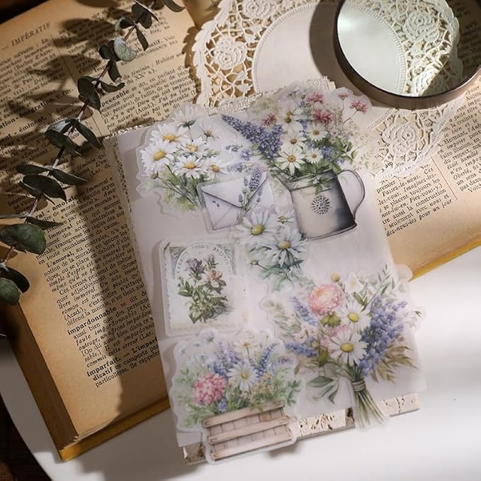 Vintage Vellum Stickers Floral Plants Elements Scrapbooking Supplies Flowers Botanic Natural Translucent Paper Self-Adhesive Junk-Journal Items (Spring Bouquet)