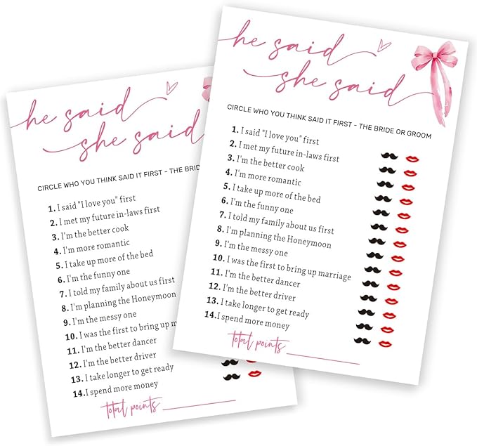 Wedding Shower Games Cards, Guest Who Said It, He Said She Said Game Cards, Bridal Shower Games 25 Guests, Engagement Party Wedding Games for Guests, Pink Ribbon Bow Wedding Party Supplies - E07