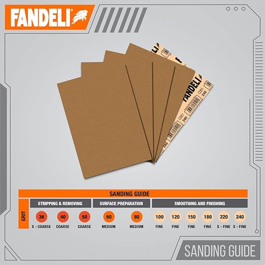 Fandeli | Multi-Purpose Sandpaper | 220 Grit Aluminum Oxide | 75 Sheets of 9'' x 11'' | Ideal for Metal and Wood | Compatible with Orbital Sanders, Brown