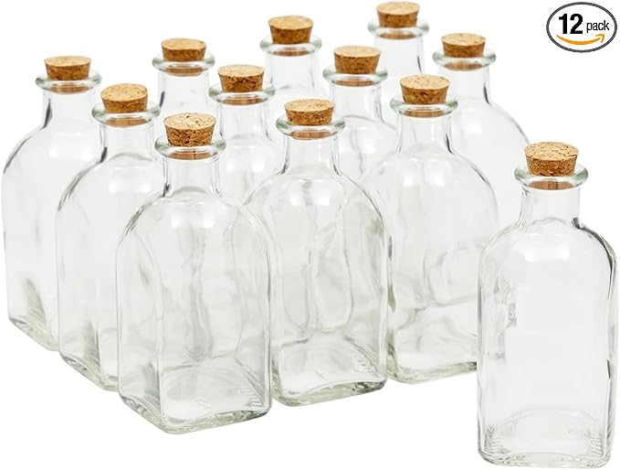 Juvale 12-Pack Mini Glass Bottles with Cork Lids - 4 oz Clear Vintage Square - Wedding Decor & Party Favors - Potion Bottles with Cork & Mini Glass Jars with Lids