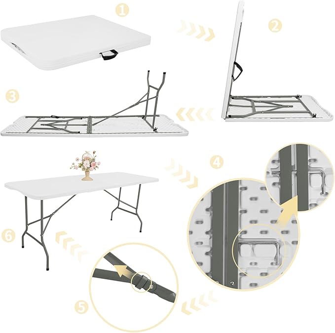 HAISIWLKJ Folding Table 8 FT Camping Table Portable Heavy Duty Plastic Rectangular Outdoor Dining Table Steel Legs Fold-in-Half with Carrying Handle for Indoor,Picnic,Party,Wedding,Events(White)