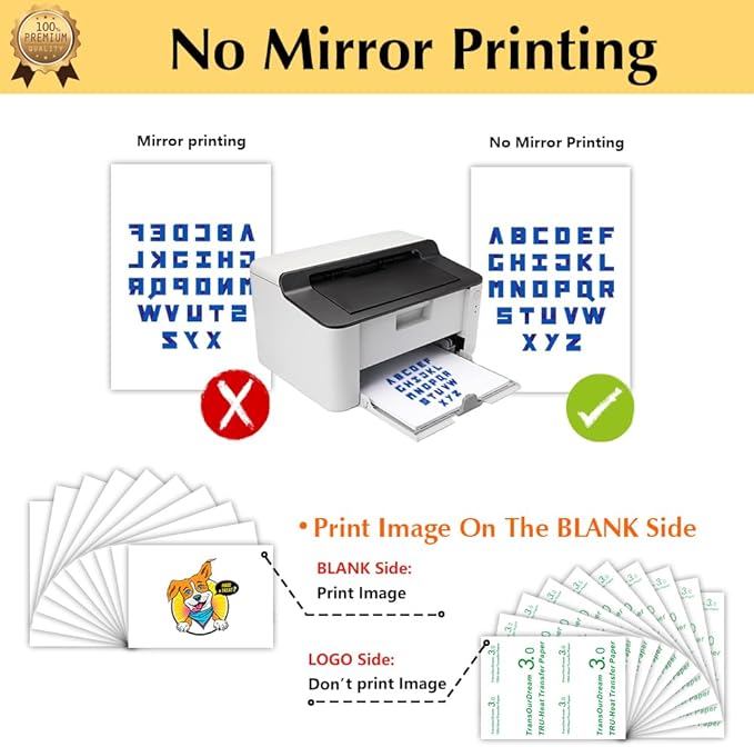 TransOurDream Tru-Heat Transfer Paper for Inkjet & Laserjet Printer (30 Sheets 8.5x11, 3.0) Printable HTV Heat Transfer Vinyl for T Shirts Iron on Transfers for Light Fabrics (L3-33)