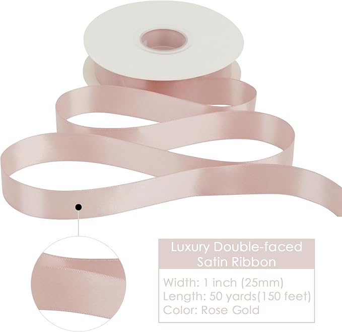 HUIHUANG Rose Gold Satin Ribbon 1 inch x 50 Yards Double-Faced Polyester Ribbon for Gift Wrapping, Wedding Invitations, Hair, Bows Making, Floral Arrangement,Holiday Decor