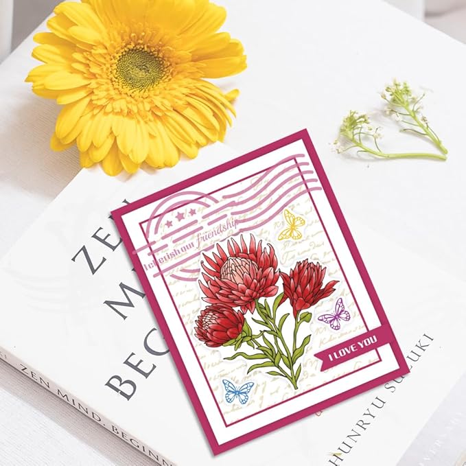 ORIGACH Realistic Protea Cynaroides Flower Layering Stencil Stamp and Die Set for Card Making, Silicone Stamps Metal Die Cut and Template for Card Making Scrapbooking DIY Crafting