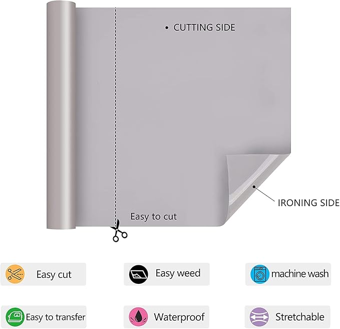 HTV Iron on Vinyl 12Inch by 25ft Roll Heat Transfer Vinyl for T-Shirt HTV Rolls for All Cutter Machine - Easy to Cut & Weed for Heat Transfer Design (25ft, Gray)