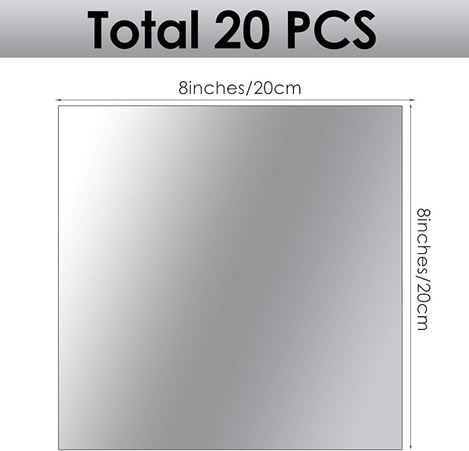 BBTO 20 Pcs Mirror Sheets, 8''x 8'' Self Adhesive Non Glass Cut to Size Mirror Stickers Tiles, Safe Unbreakable Plastic Small Frameless for Classroom, Childroom & DIY Craft