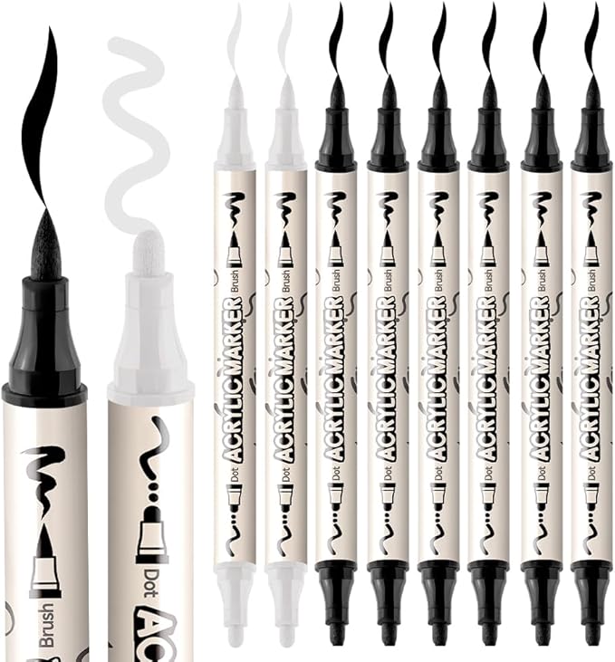 TRANSON 6 Black and 2 White Paint Markers Bold and Brush Dual-tip Acrylic Paint Marker for Rock Glass Canvas Wood Leather Ceramic DIY Painting
