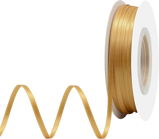 Old Gold Satin Ribbon 1/8" X 50 Yards Solid Color Double Faced Ribbons Perfect for Crafts Wedding Decor Bow Making Arts Sewing and More