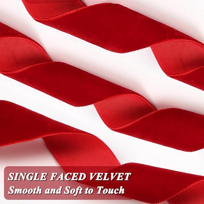 Red Velvet Ribbon, 1 Inch x 20 Yards Single Faced Red Ribbon for Gift Wrapping, Bow Making, Christmas Tree Decorations, Wreath Making and DIY Crafts (10 Yards Each Roll)