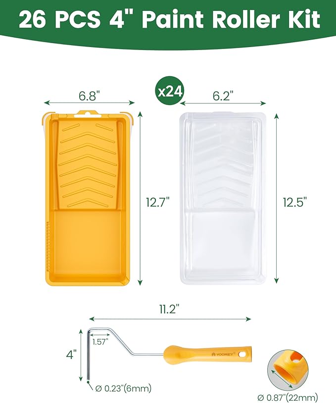 Voomey 4 Inch Paint Roller Tray - 24 Pack Plastic Liners & 1x Roller Frame, 4" Paint Tray Set, for Home Decor, Walls and Furniture Painting