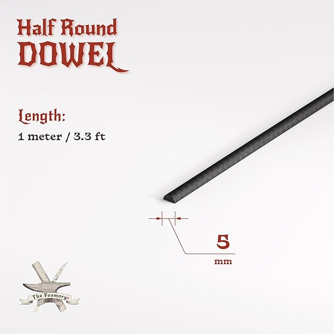 The Foamory's No Waste Half Round EVA Foam Dowel. 5-25mm x 1M High-Density Black Craft Foam Stick. Pre-Cut for Quick Cosplay Armor Trim, Weapon Enhancement and Costumes. Time Saving, Paint-Ready Bevel