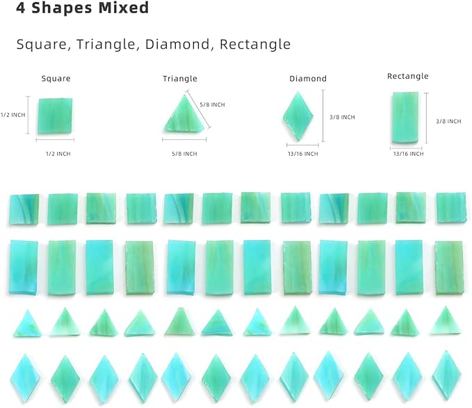 Lanyani 200 Pieces Glass Mosaic Tiles for Crafts,4 Shapes Mixed Colorful Tiffany Stained Glass Pieces,Square/Rectangle/Diamond/Triangle,Ocean Green
