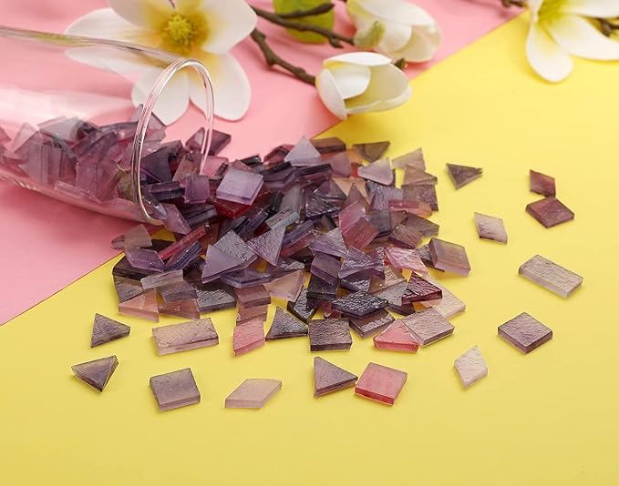 Lanyani 200 Mixed Color Glass Mosaic Tiles - 4 Shapes, Tiffany Stained Glass Pieces for Crafts, Purple