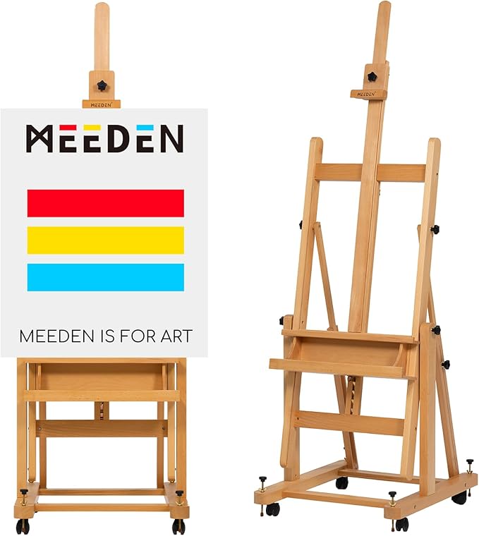 MEEDEN Enlarged Heavy-Duty H-Frame Easel: Artist Solid Beech Wooden Studio Easel - Professional Painting Art Easel Stand with 4 Lockable Wheels & Leveling Bolts - Hold Canvas up to 86" H