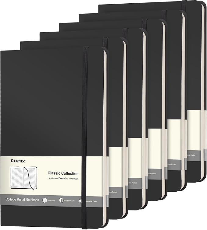 Comix 6 Pack Lined Journal Notebooks for Work, 240 Pages, 5.5"x8.3", Black, Hardcover, A5 Medium College Ruled, Journaling Notebooks for Notes-taking, Fits for Office School Home