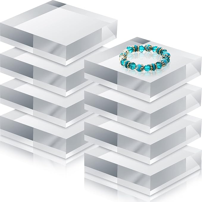 Remerry 8 Pieces Acrylic Display Block 4 x 4 x 1 Inch Clear Polished Acrylic Square Display Cube Block Stand Holder for Rings Jewelry Ornaments