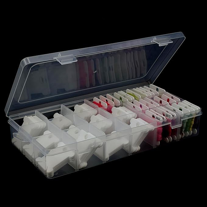 BLUE HANDCART Embroidery Floss Organizer, 1 Removable 18 Compartments Cross Stitch Thread Storage Box with 100 Plastic Embroidery Floss Bobbins, 1 Floss Winder and 1 Marker