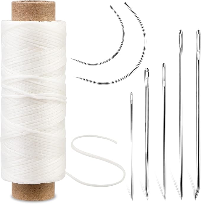 Ftyiwu Waxed Thread 55 Yards, Leather Sewing Waxed Thread with Hand Sewing Needles for Home Upholstery Carpet Leather Canvas Repair and Sewing (Original White)