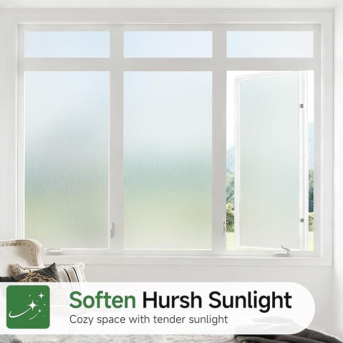Borsky Frosted Glass Window Film - Static Cling, 96% UV Blocking Non-Adhesive Privacy Window Film, Removable Window Cling with Day & Night Privacy for Bathroom Home Office, 17.5 x 78.7 Inches, Pure