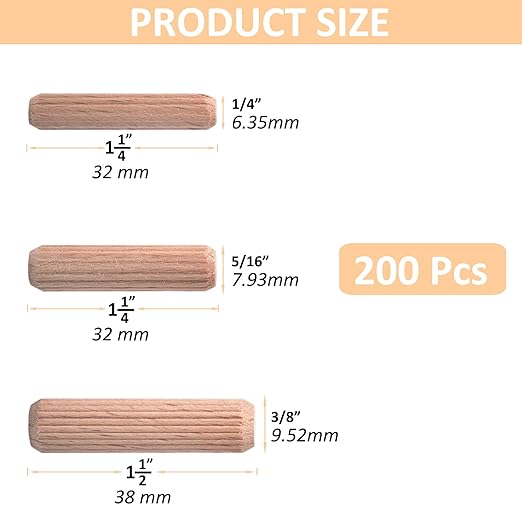 5/16-Inch Wooden Dowel Pins - 200 Pcs 5/16 x 1-1/4 inch Fluted Wood Dowels Rods,Hardwood Crafts Dowel Pegs,Beechwood