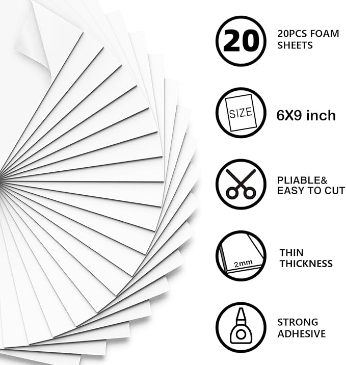 MEARCOOH 20-Pack Self Adhesive Foam Sheets, White 2mm Sticky Eva Foam Paper 6x9 Inch for 3D Crafts Cardmaking Classroom Scrapbooking