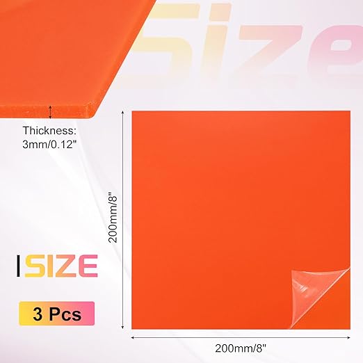 uxcell 3Pcs Acrylic Sheets 8x8 Inch Acrylic Panel 1/8 Inch-3mm Plastic Board for Picture Frames Sign Holders DIY Display Projects Craft, Orange