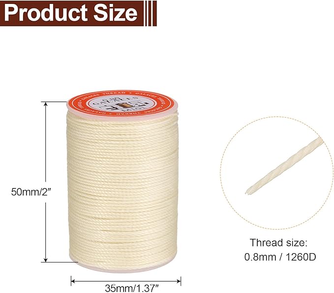 uxcell Round Leather Sewing Waxed Thread, 55m / 60 Yards Wax Polyester String, 0.8mm Waxed Stitching Cord for Leather Crafts, Bookbinding, Bracelets Braided, Light Beige