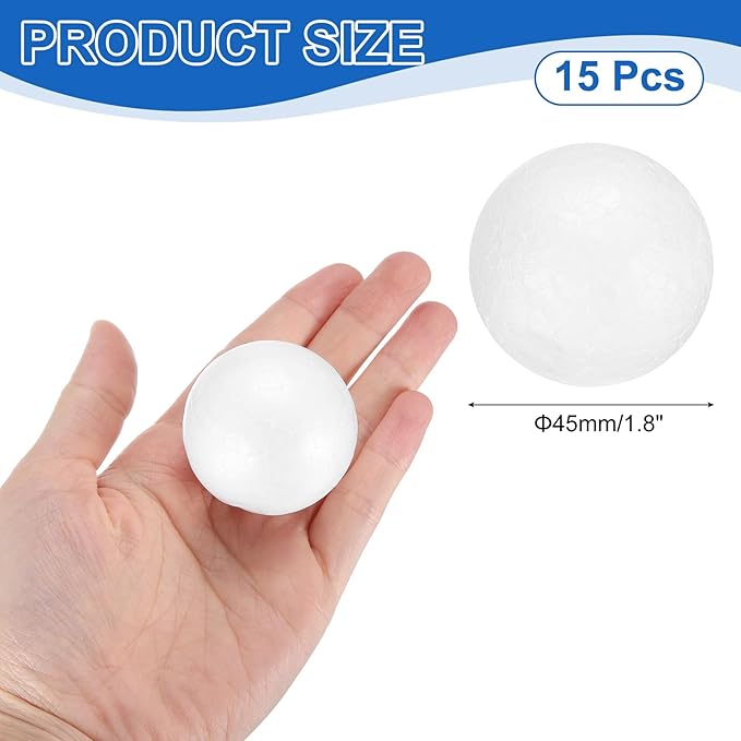 uxcell 15 Pcs White Foam Balls, 1.8 Inch Polystyrene Craft Foam Balls Solid Round Ball for Art, Household, DIY, Party Decorations