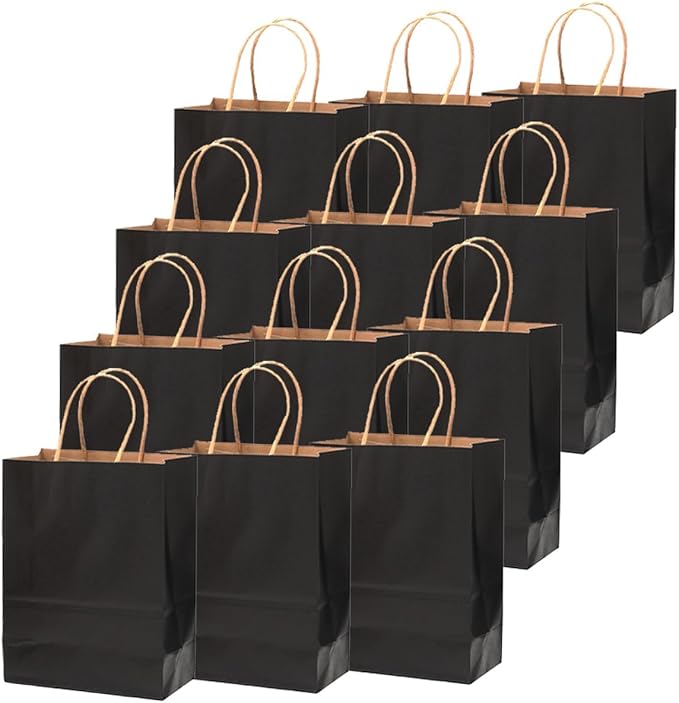 qiqee 32-Packs Black Paper Gift Bags with Handles Bulk 7.6"x4.75"x10.5" Medium Size Gift Bags Multiple Uses