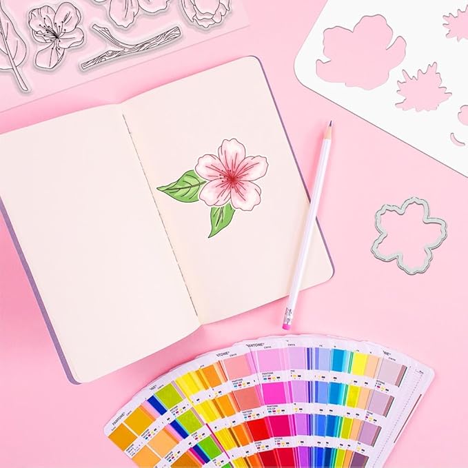 ORIGACH Realistic Peach Blossom Layering Stencils Set for Card Making, Flower Stencil Template Silicone Stamps and Die Sets for Scrapbooking DIY Crafting
