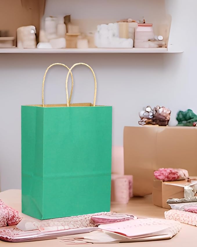 qiqee 32-Packs Mint Green Paper Gift Bags with Handles Bulk 7.6"x4.75"x10.5" Medium Size Gift Bags Multiple Uses