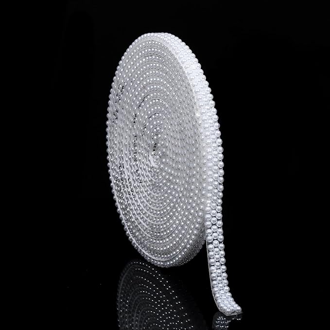 White Pearls Ribbon 3 Yards Self Adhesive Pearls Strips Diamond Ribbon Sticker Crystal Roll Glitter Bling Rhinestones Tape for Crafting DIY Art Decoration (0.4 Inch)