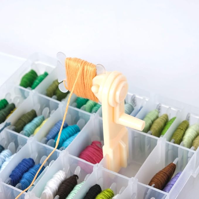 200 Pieces Plastic Floss Bobbins with Bobbin Winder for Cross Stitch Cotton Thread Craft DIY Sewing Storage, White
