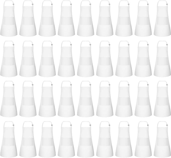 36 Pack Kids Apron bulk with 2 Pockets Adjustable Chef Art Apron Kids Painting Aprons for Cooking Baking Painting Crafting Grilling Activity（White）
