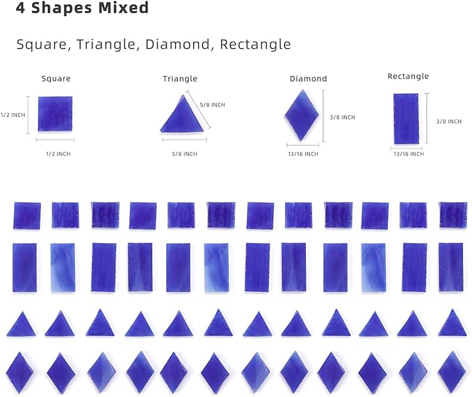 Lanyani Glass Mosaic Tiles for Art Crafts,4 Shapes Mixed Tiffany Stained Glass Pieces,200 Pieces,Square/Rectangle/Diamond/Triangle,Royal Blue