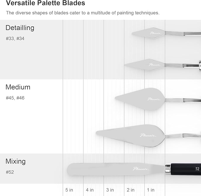 PHOENIX High Flexible Palette Knife Set, 5 Pieces Stainless Steel Painting Knives (33,34,45,46,52) Art Knife with Wood Handle, Paint Spatula for Oil Acrylic Paint - Painting Tools for Artists