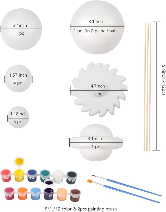 Pllieay Solar System Model Foam Ball Kit Includes 14PCS Mixed Sized Polystyrene Spheres Balls, 12PCS Bamboo Sticks, 12 Color Pigments, 2PCS Painting Brushes for School Science Projects