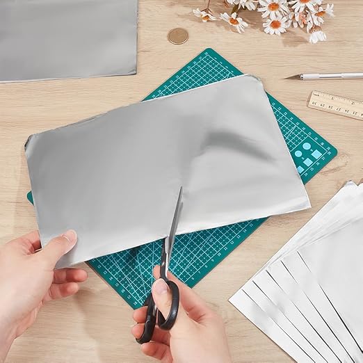 PH PandaHall 50 Sheets Aluminum Foil Sheets 7.8x11.8 Inch Metal Sheet Deco Foil for Embossing Metal Tooling Painting Classroom Embossed Art Project Home Ornamnet DIY Crafts, 70um Thick, Silver