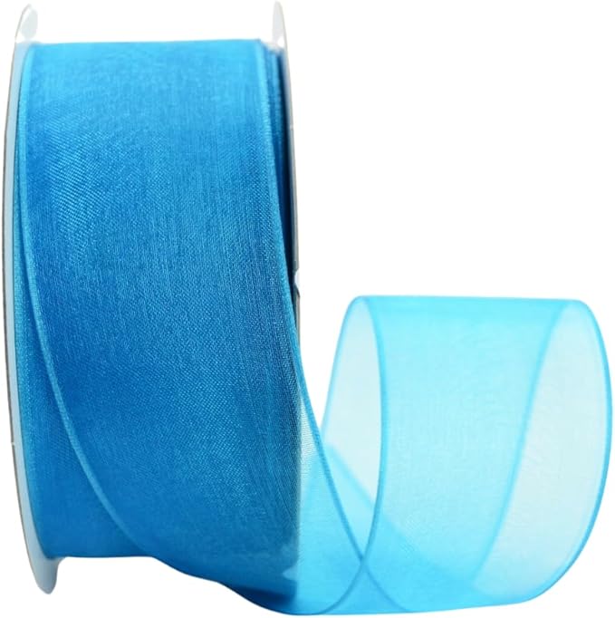 Ribbon Bazaar Sheer Organza Wired Ribbon - 100% Polyester Wire Edged Ribbon for Floral Decor, Table Arrangements, Apparel Embellishment & More - 1-1/2" Turquoise 25yd
