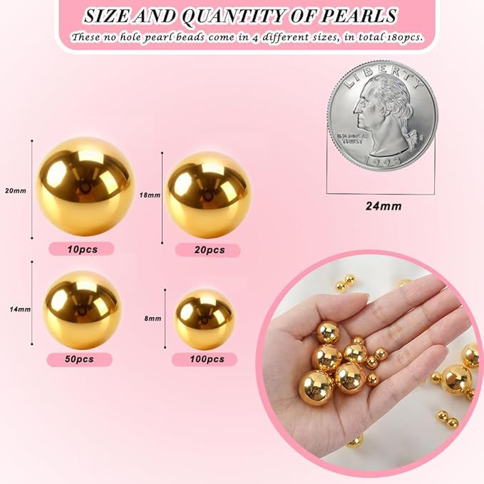 Pearl Beads No Hole Pearls for Crafting 180 Pcs Fake Pearls Bulk Faux Pearls for DIY Crafts Jewelry Making Vase Filler Floating Candle Wedding Birthday Party Home Decorations (Gold, 8/10/14/20mm)