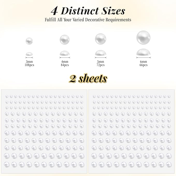 Pearl Stickers Self Adhesive Hair Pearls Gem White Jewel Sticker for Making Hair Decor Face,Body, Nail, Phone Art Craft Scrapbooking Embellishments Assorted Size 3mm/4mm/5mm/6mm (330)