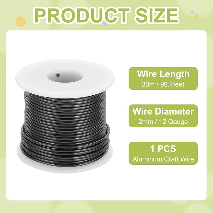 MECCANIXITY 12 Gauge Anodized Aluminum Craft Wire Bendable Bonsai Training Wire 98 Feet 2mm for Sculpting Crafts Wreath Floral Beading Jewelry Making, Black
