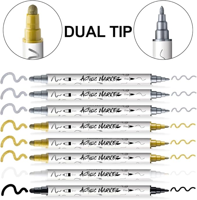 TRANSON 3 Gold, 3 Silver, 1 Black and 1 White Paint Markers Bold and Fine Dual-tip Acrylic Paint Marker Set for Rock Painting Glass Canvas Wood Leather Ceramic Painting