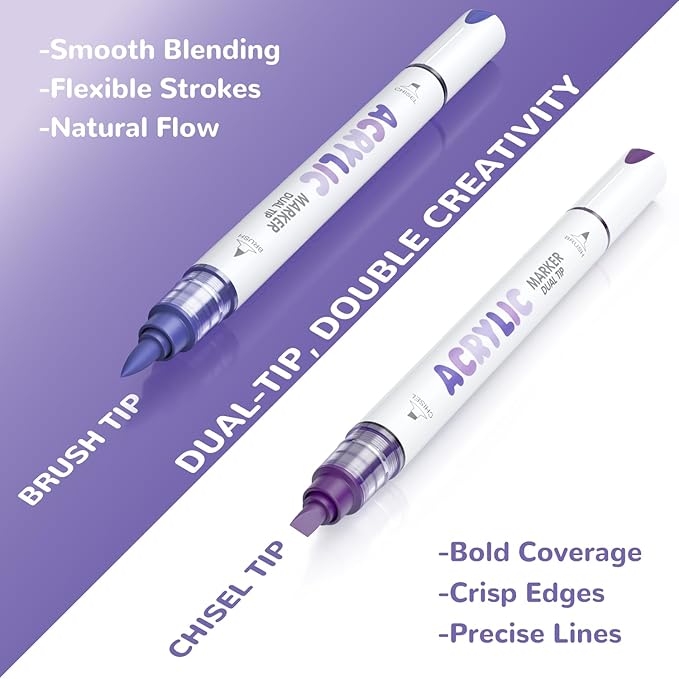 Guangna 12 Purple Dual Tip Acrylic Paint Markers, Brush Tip & Chisel Tip Acrylic Paint Pens for Rock, Wood, Glass, Paper, Coloring Book, Ceramic, Canvas, Water-Based Ink